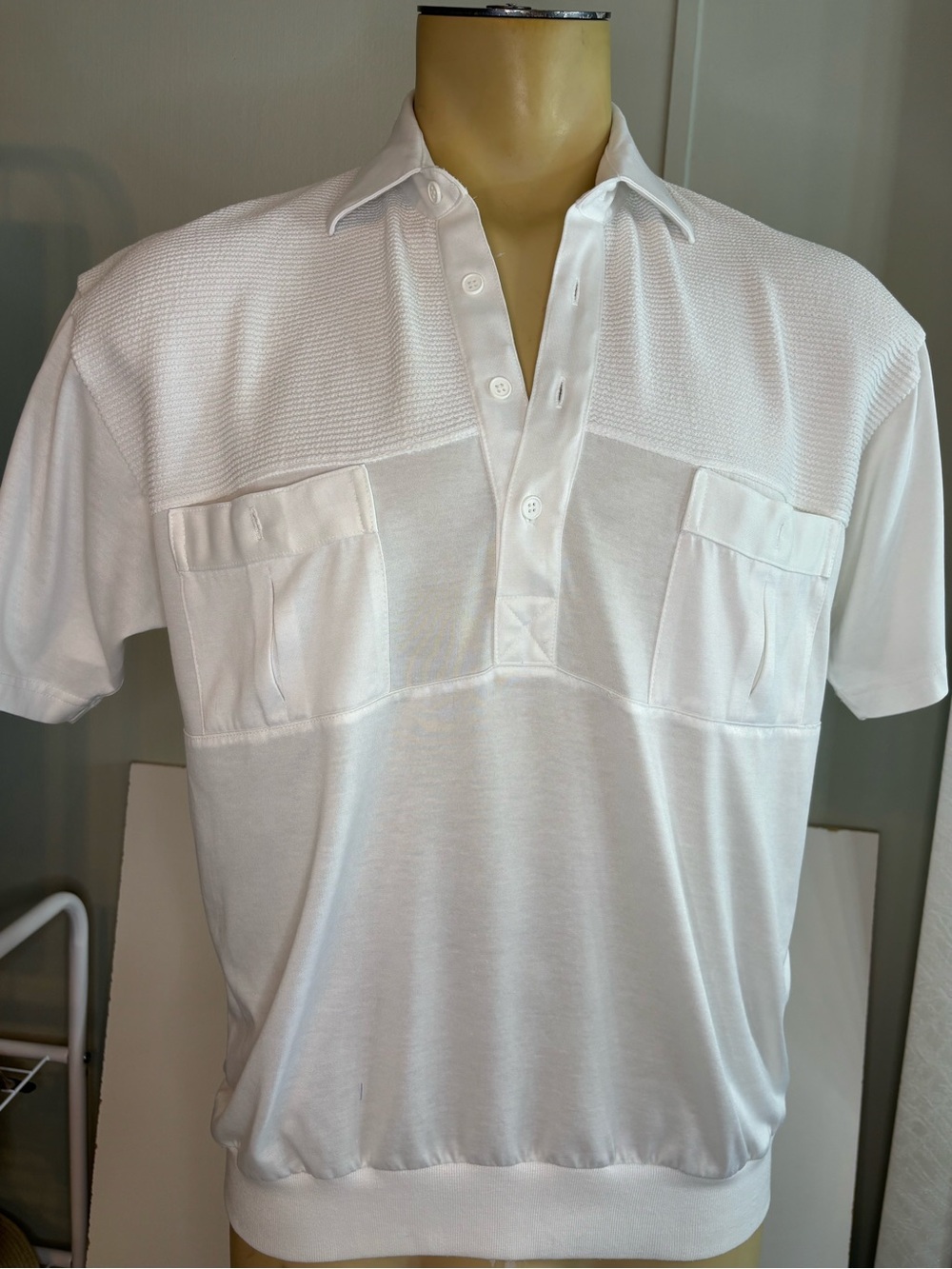 Men's White Short-Sleeve Polo with Dual Chest Pockets